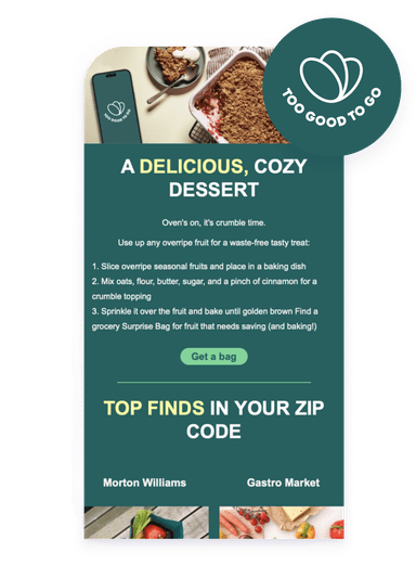 A phone showing the too good to go app