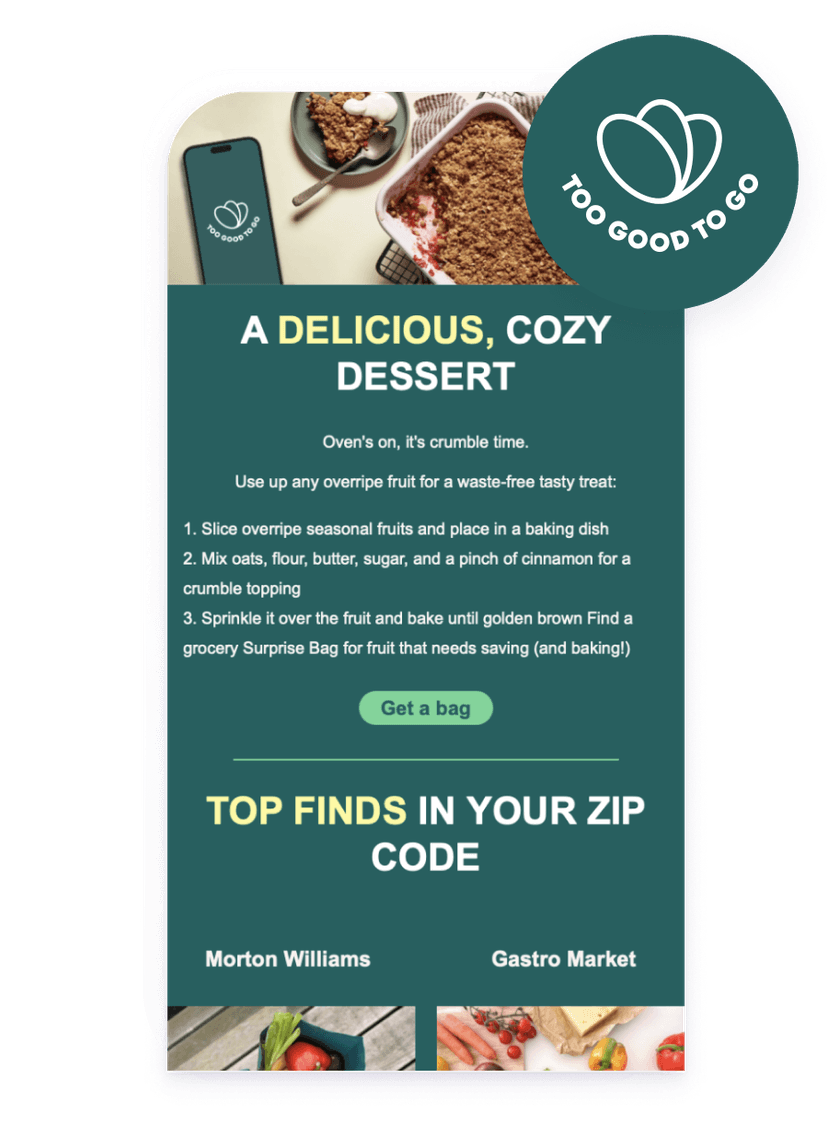 A phone showing the too good to go app