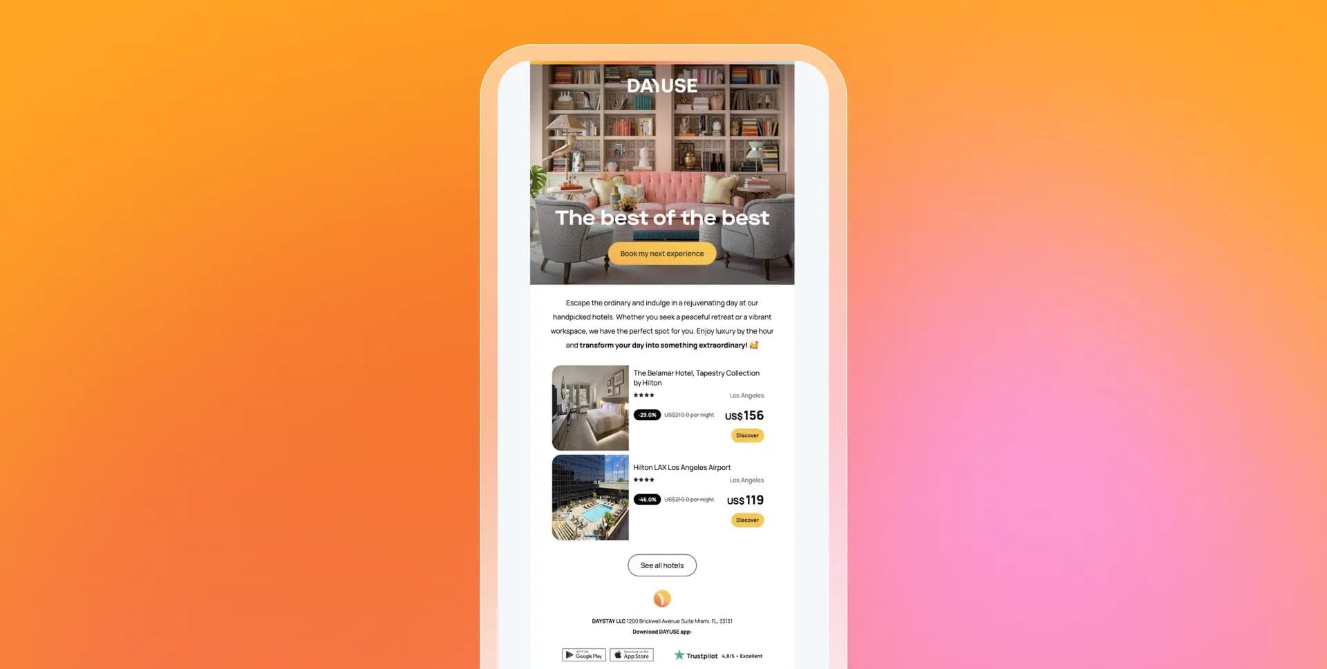 A mobile phone displaying a DAYUSE email with luxury accommodation listings, photos, and prices.