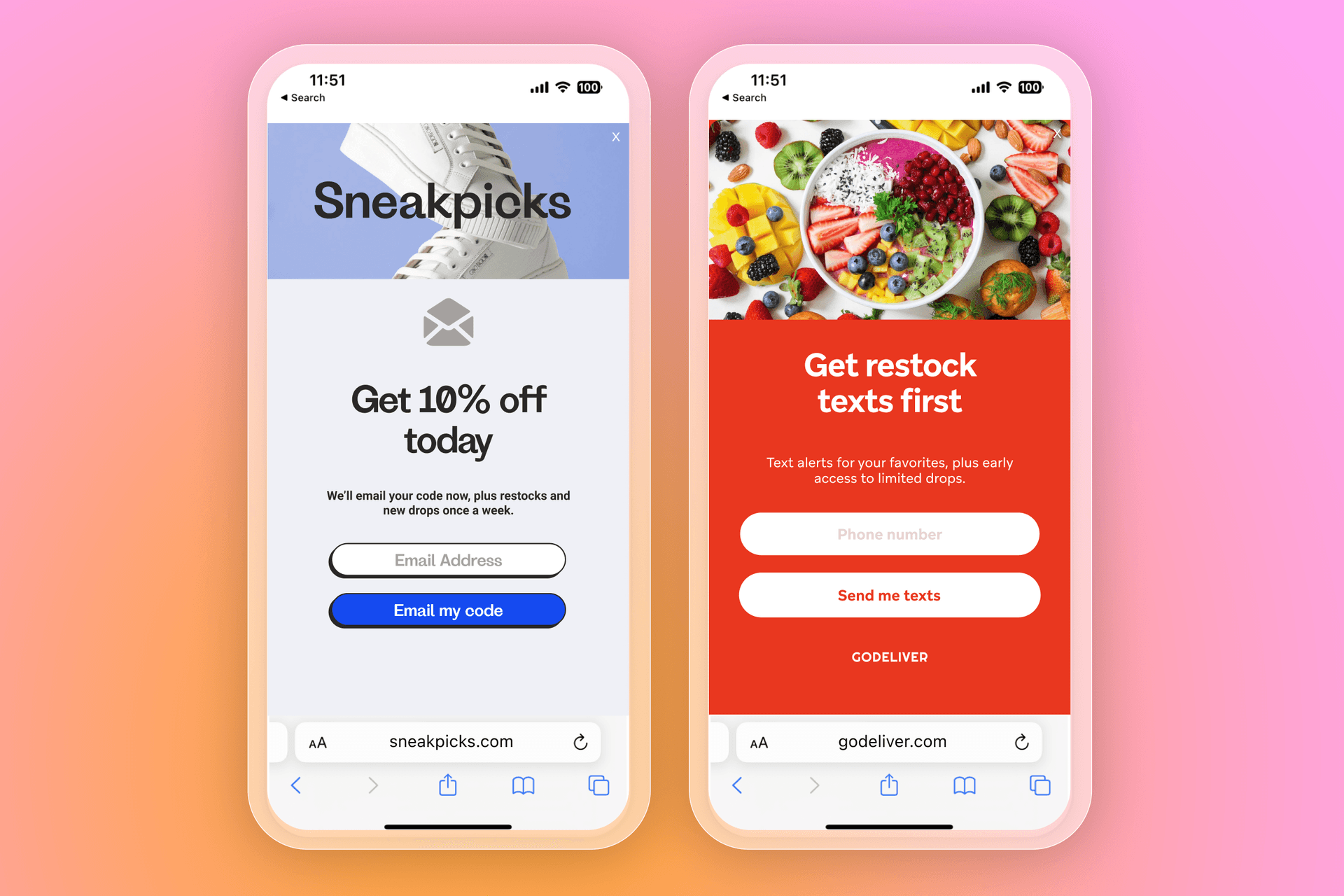 Two mobile phones displaying pop-up forms; one for email signup featuring a sneaker, the other for text alerts featuring a food bowl.