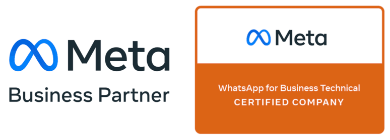 Selos de Meta Business Partner e empresa certificada técnicamente pelo WhatsApp for Business.
