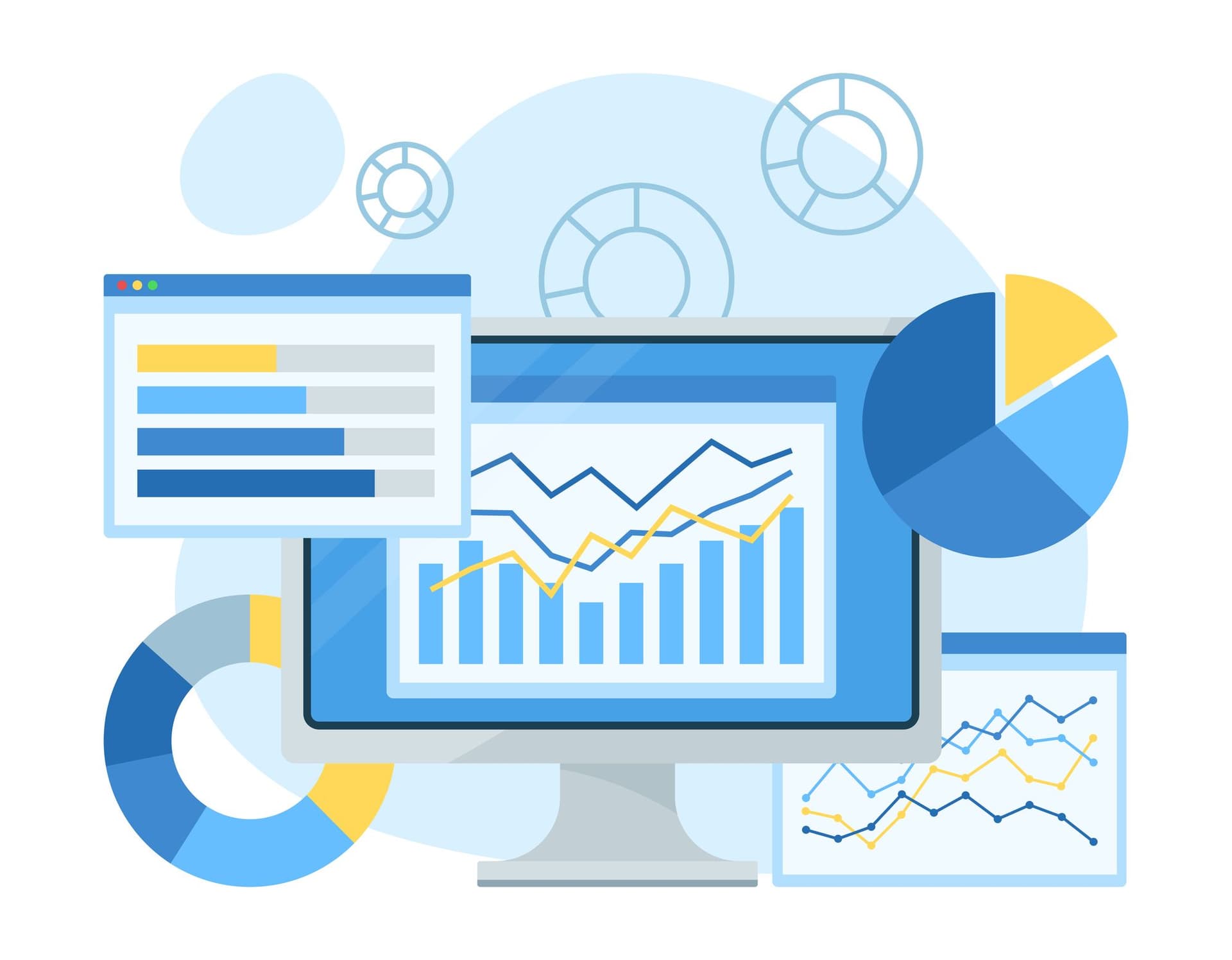 a computer monitor with a graph and pie charts on it .
