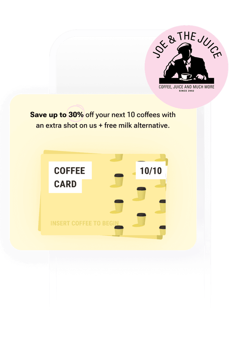 an advertisement for joe & the juice shows a coffee card