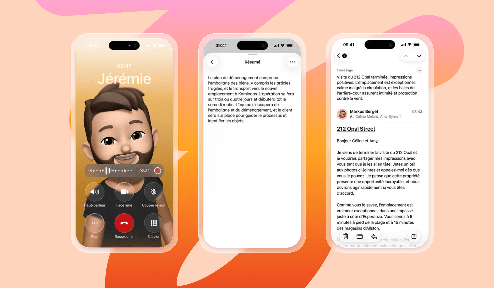 Three iPhones displaying a Memoji video call, a document summary, and an email conversation, against an abstract orange and pink background.