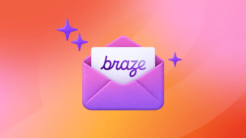 A 3D purple envelope holding a white card with "braze" in purple cursive, surrounded by purple sparkles.