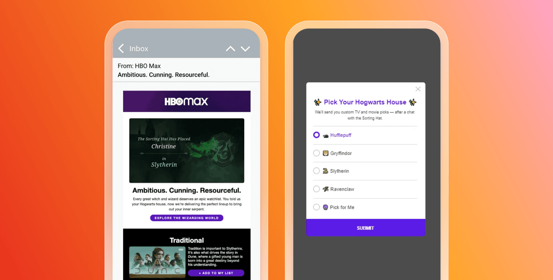 Two phones displaying Harry Potter themed content: an HBO Max email promoting Slytherin and a pop-up to pick a Hogwarts House.