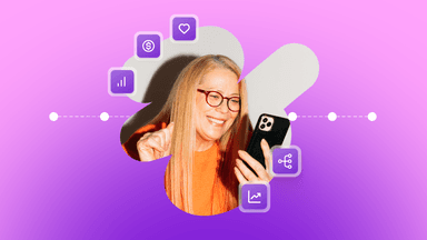 A smiling woman holds a smartphone amidst floating digital icons representing data, finance, and social media on a purple background.