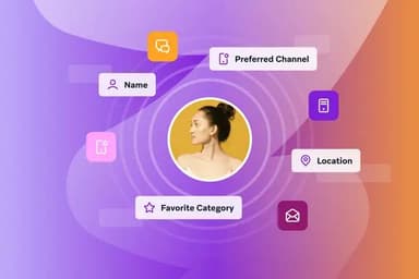 uma mulher está cercada por ícones em um fundo roxo