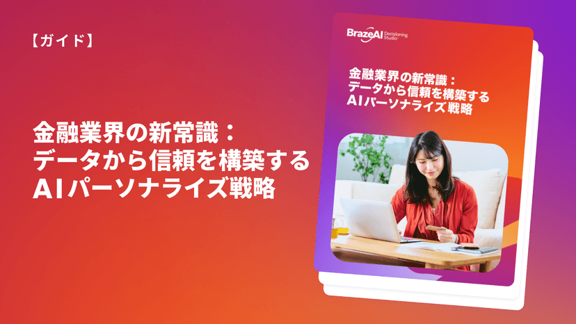 電子書籍カバー『金融業界の新たな常識:データから信頼を築くAIパーソナライゼーション戦略』ノートパソコンを使う女性のイラスト付き