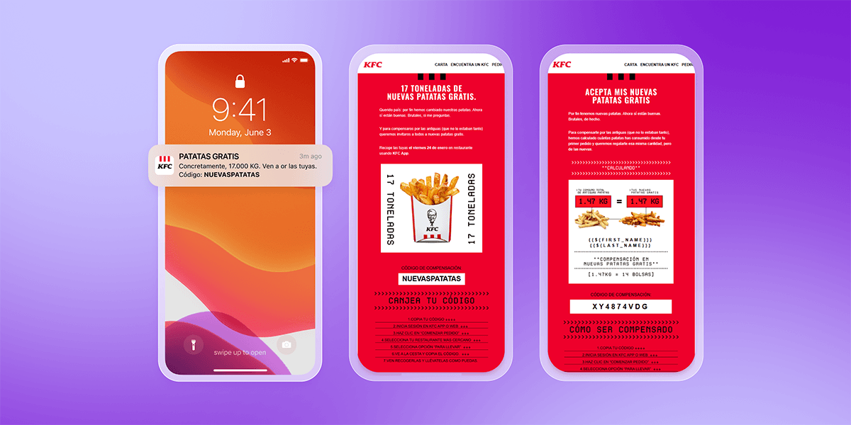 Three mobile screens displaying a KFC "free fries" promotion, showing a notification, offer details, and redemption codes.
