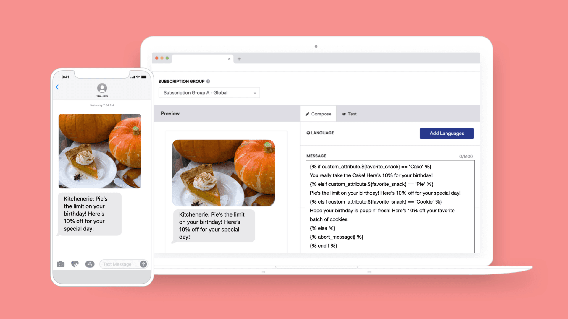a phone and a laptop display a message from kitchenette