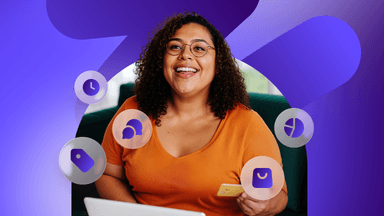 A smiling woman with glasses and curly hair holds a phone and laptop, surrounded by icons representing business and e-commerce tools.