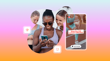 a woman is smiling while looking at her phone with a message that says shop the new summer collection