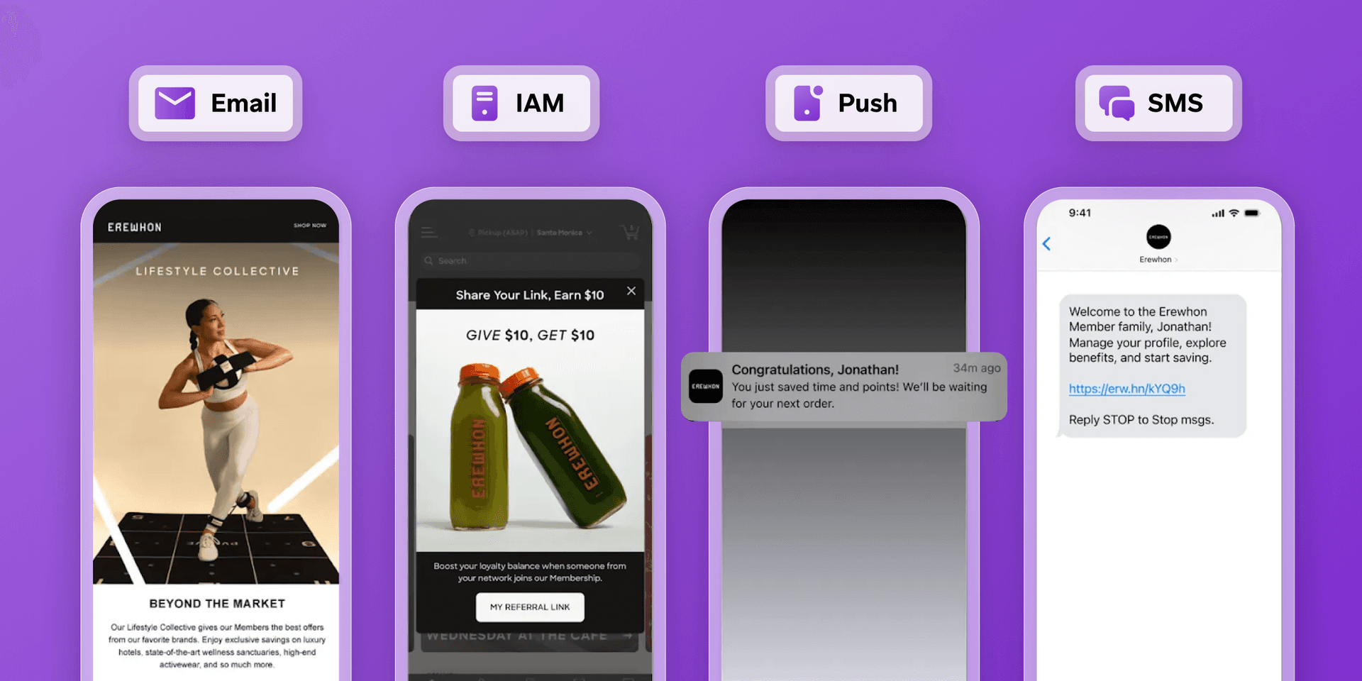 Four mobile phones demonstrating email, in-app messaging, push notifications, and SMS communications, all featuring Erewhon branding.