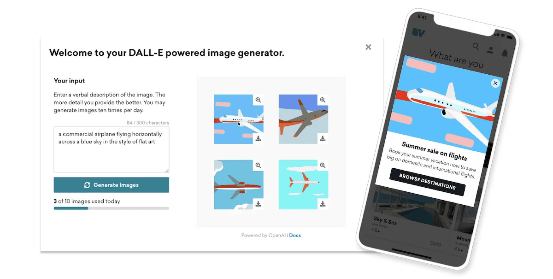 A DALL-E screen generating flat art airplane images and a smartphone displaying a flight sale pop-up with a similar airplane illustration.