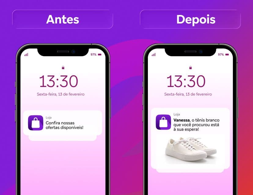 Dois iPhones mostram uma comparação de "antes e depois" das notificações da tela de bloqueio: uma oferta genérica versus uma mensagem personalizada com a imagem de tênis brancos.