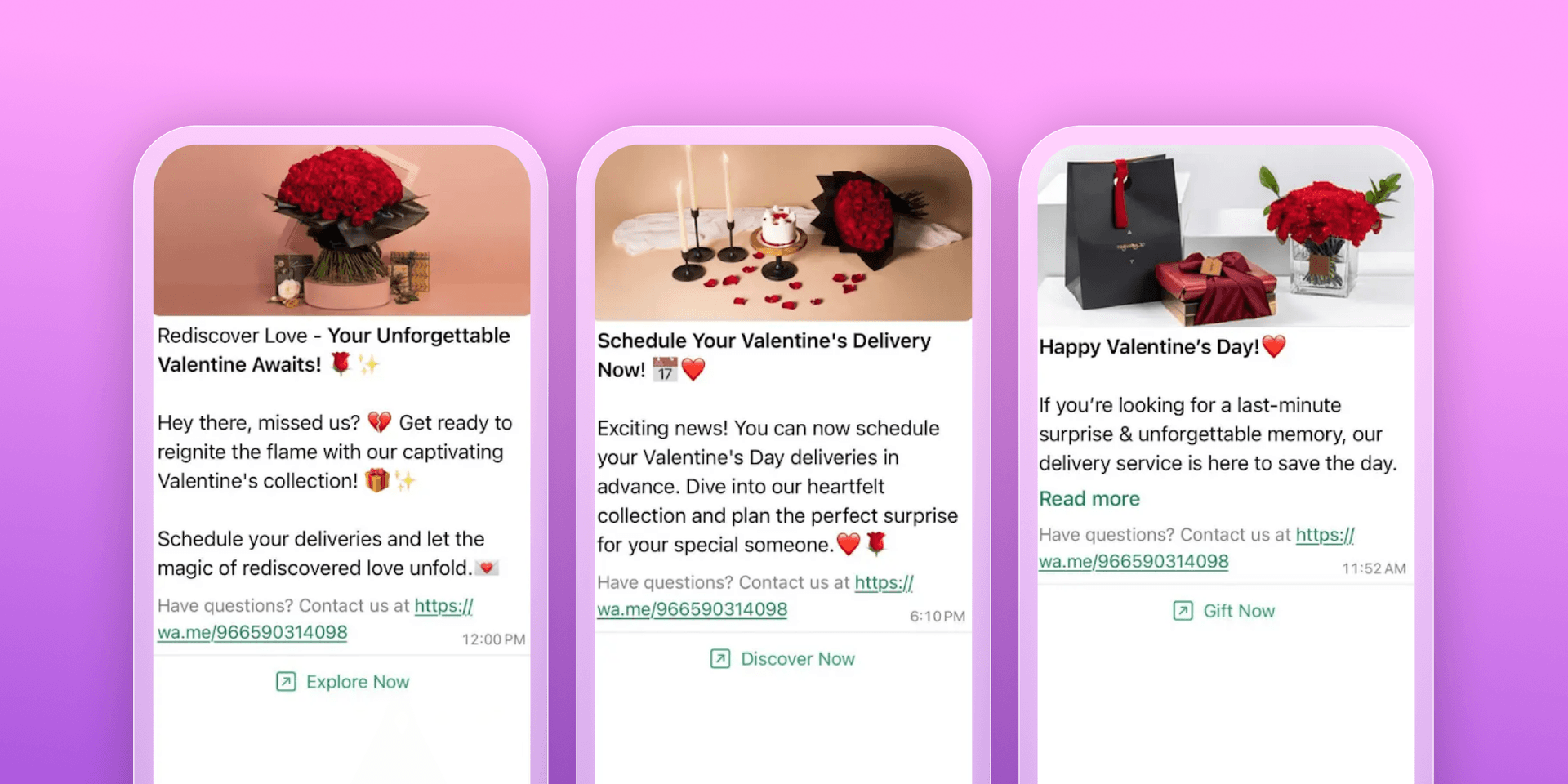 Three mobile screens displaying Valentine's Day ads with red roses and gifts, promoting delivery services.