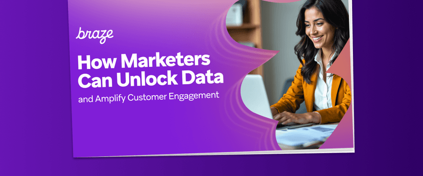 a woman is sitting at a desk with a laptop and a purple background that says braze