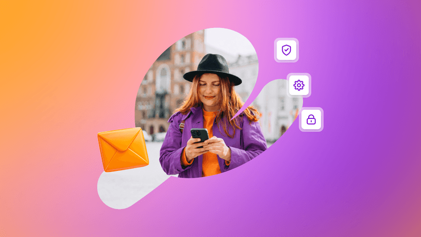 Woman checking smartphone with mail, security, settings, and lock icons on a gradient background.