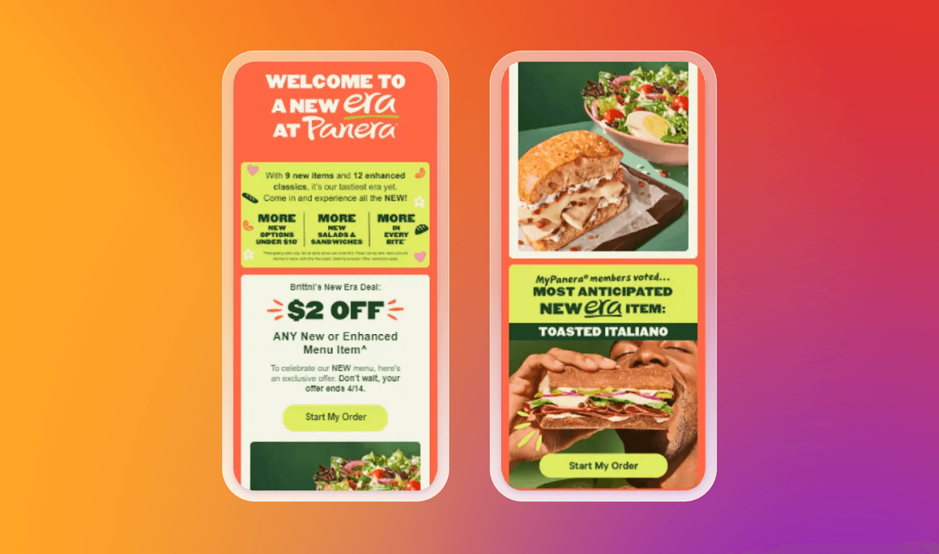 Two mobile phone screens display Panera Bread's "New Era" menu promotions, featuring sandwiches and salads, a $2 off deal, and highlighting the Toasted Italiano sandwich.