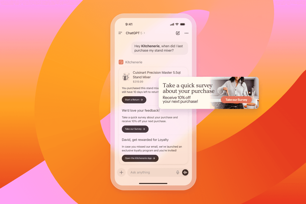 A smartphone displays the ChatGPT app with a chat about a stand mixer purchase from 'Kitchenerie', overlaid by a pop-up offering 10% off for taking a survey.