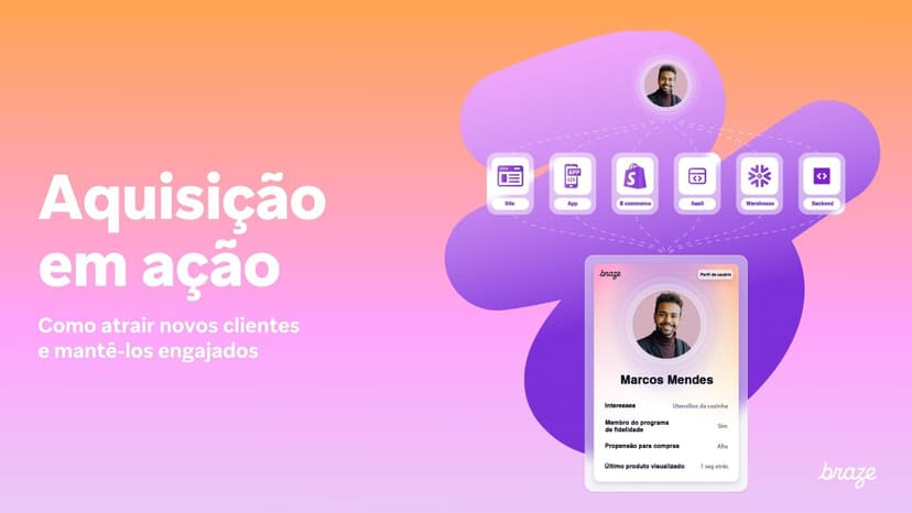 a purple and orange graphic with a picture of a man on it .