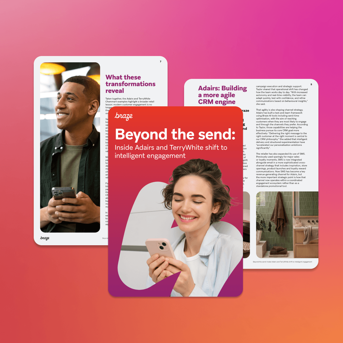 Promotional graphic for a Braze case study titled “Beyond the send: Inside Adairs and TerryWhite shift to intelligent engagement,” featuring smiling people using smartphones overlaid on colorful pages of the report.