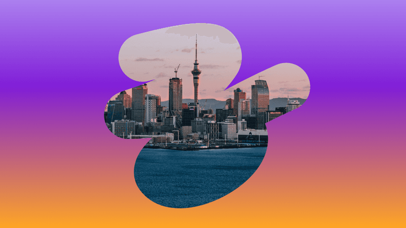 Auckland skyline with Sky Tower and harbor, framed in an irregular shape on a purple and orange gradient.