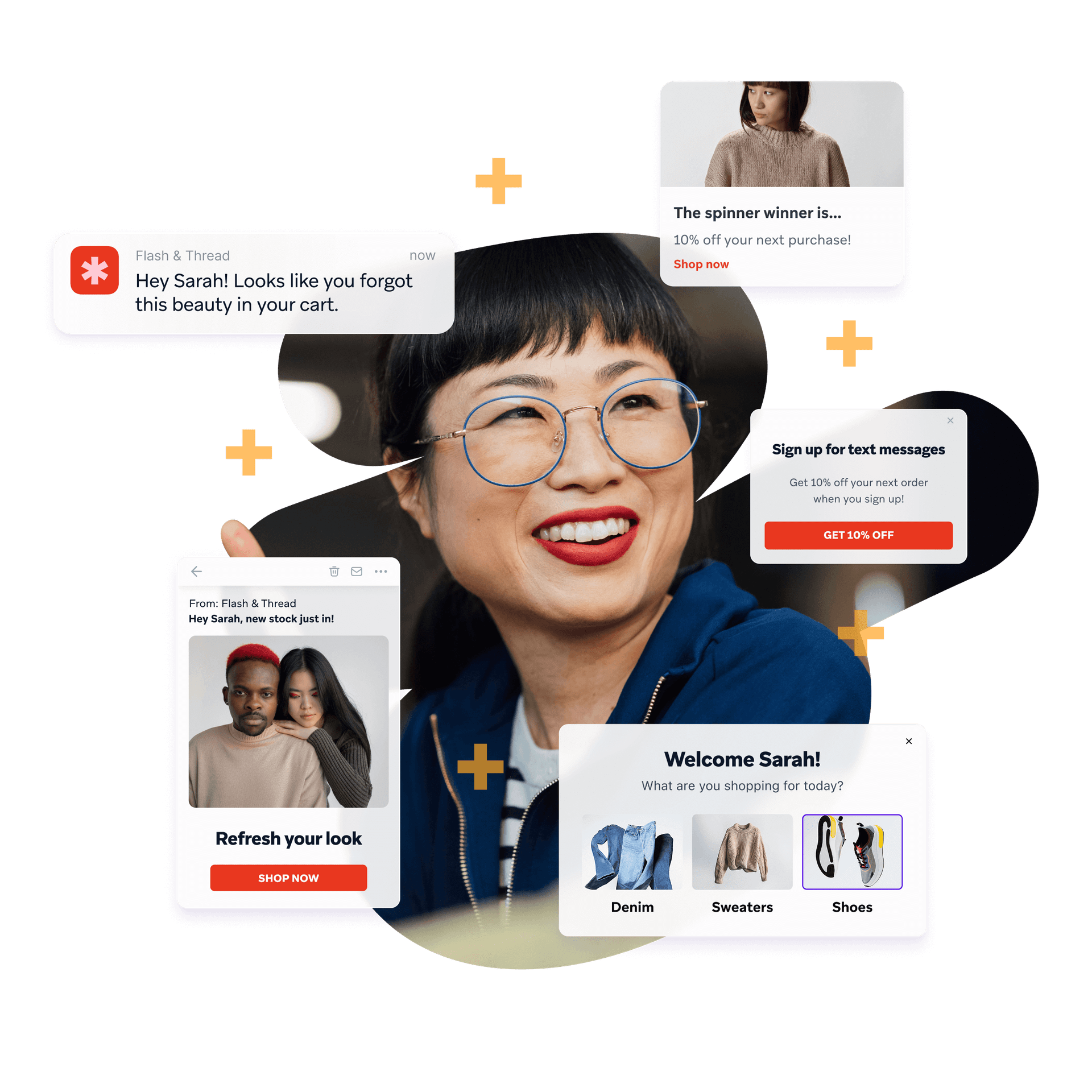 a woman wearing glasses is surrounded by advertisements for flash & thread