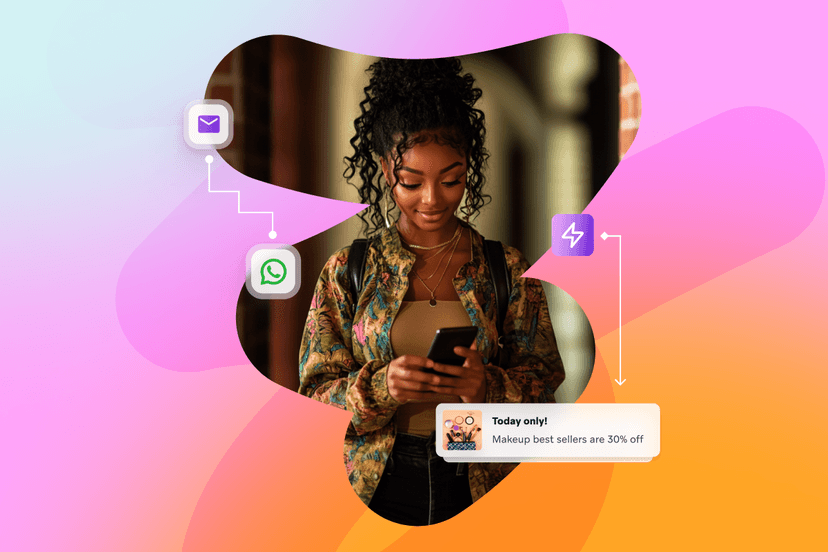 a woman looking at her phone surrounded with icons and a message