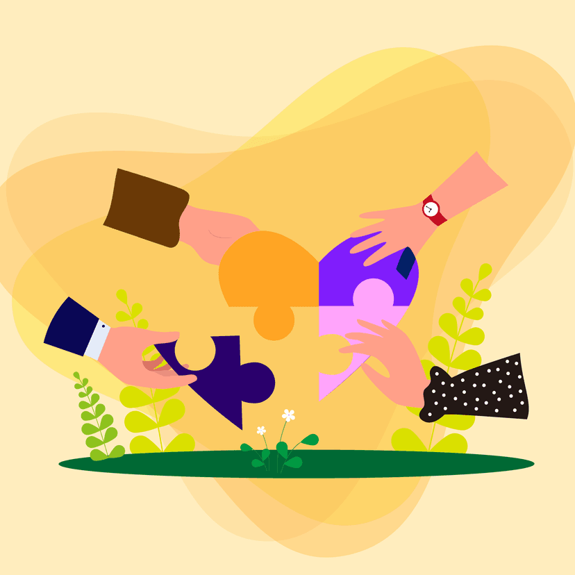 a group of people are putting together a puzzle together