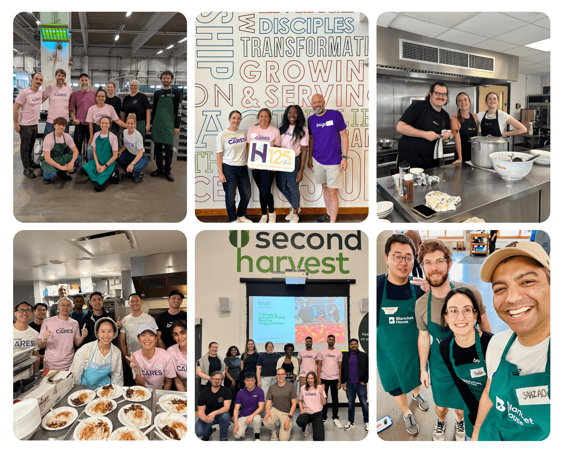 a group of people are standing in front of a sign that says second harvest