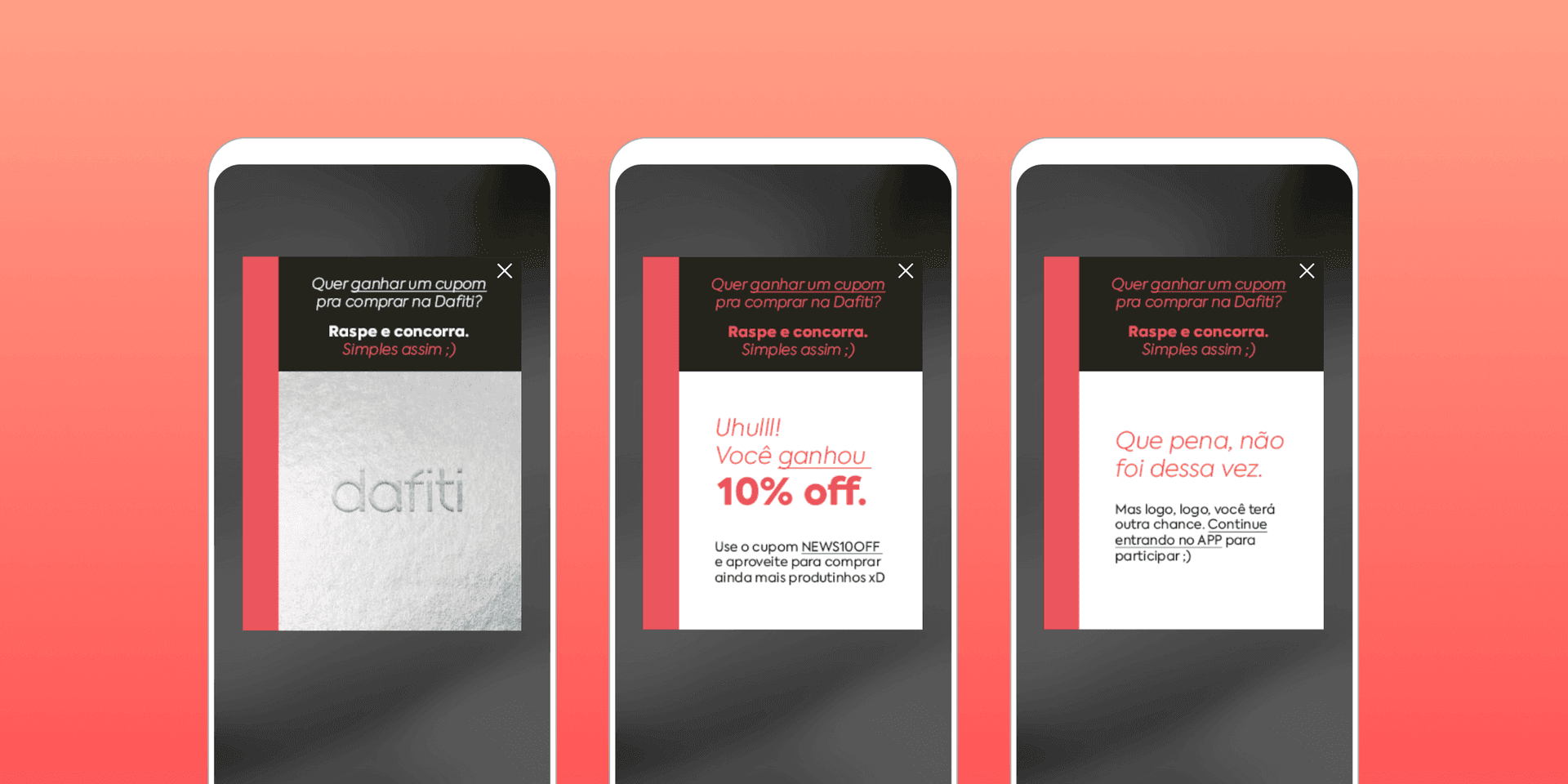 three cell phones with advertisements for dafiti on them