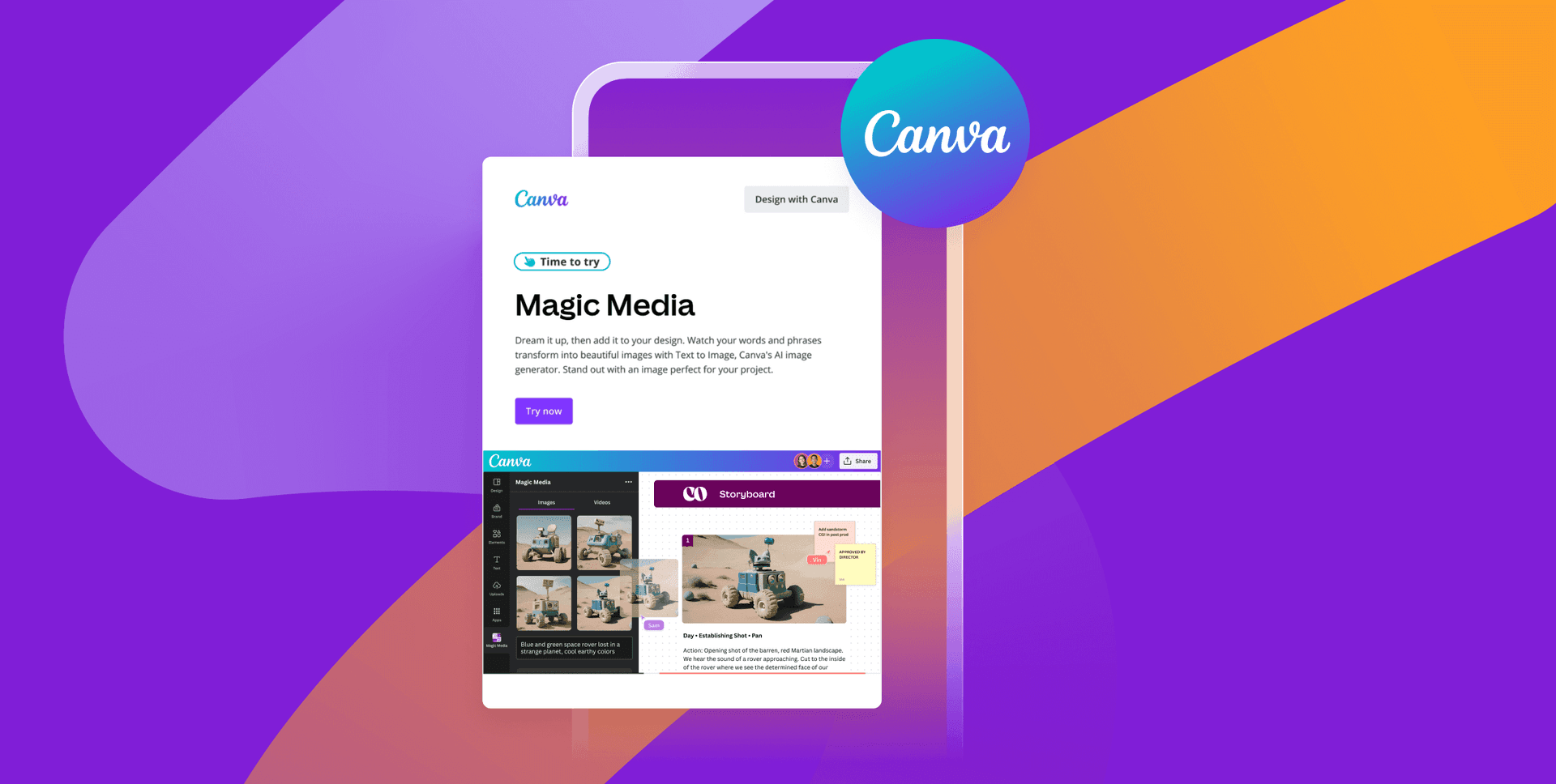 an advertisement for canva magic media on a purple and orange background
