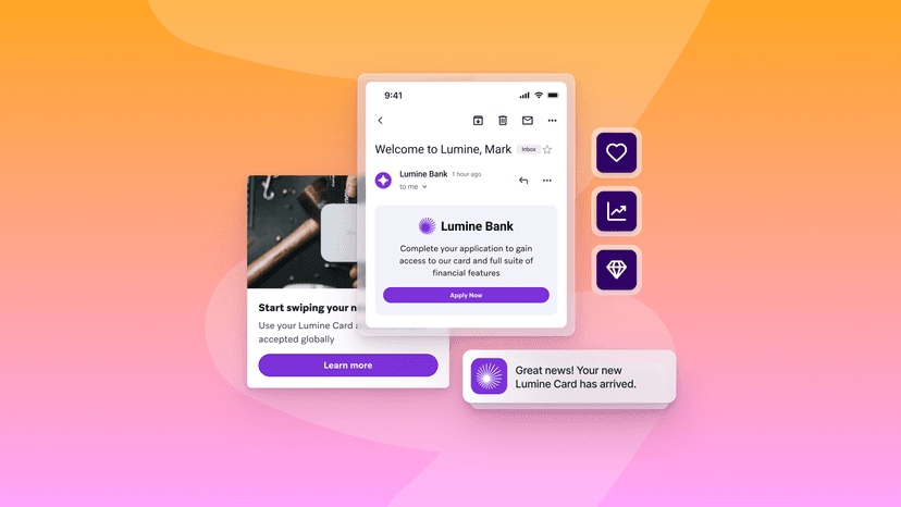 An image of a welcome email, push notification, and sms