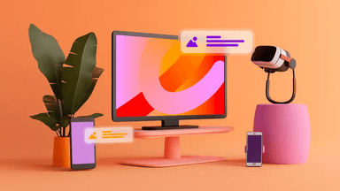 a computer monitor a phone a plant and a virtual reality headset