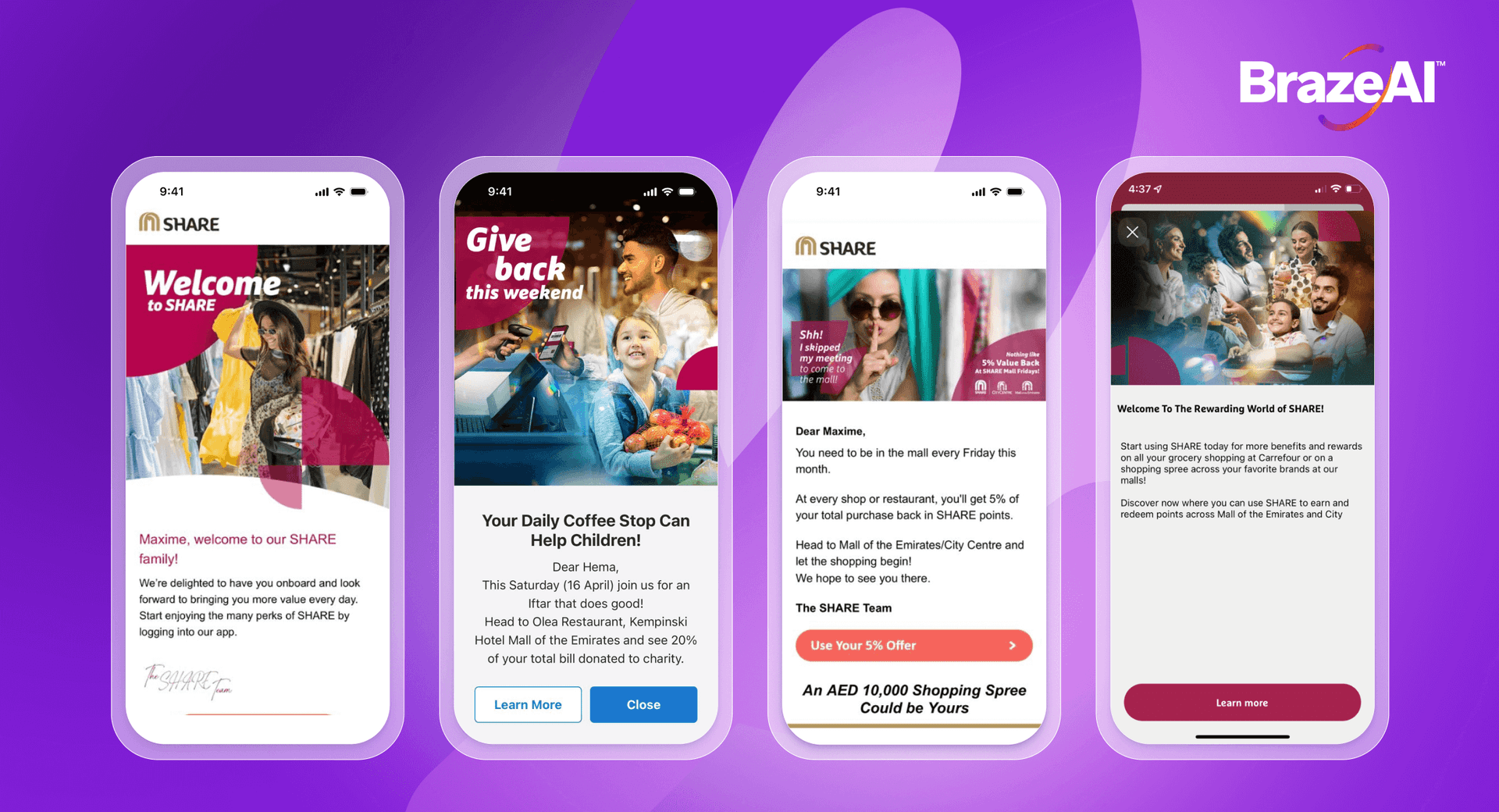 quatro telas de telefone mostrando o aplicativo majid al futtaim
