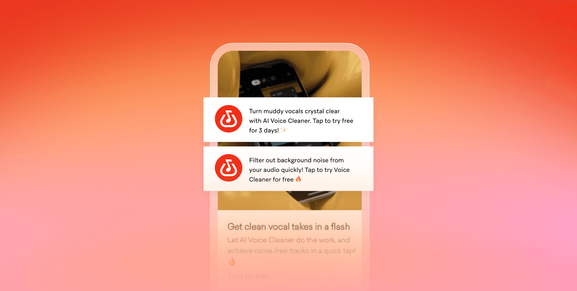 a screenshot of an app that says get clean vocal takes in a flash
