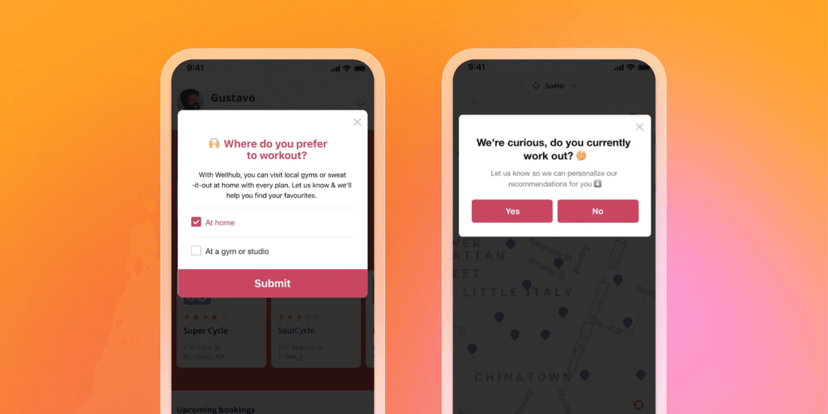 Two mobile screens showing fitness app pop-ups: one asks workout preference with "At home" selected, the other asks if the user currently works out.