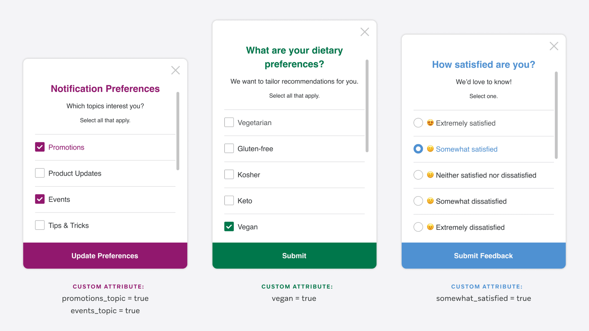 Three user interface forms: notification preferences with "Promotions" and "Events" checked, dietary preferences with "Vegan" checked, and a satisfaction survey with "Somewhat satisfied" selected.