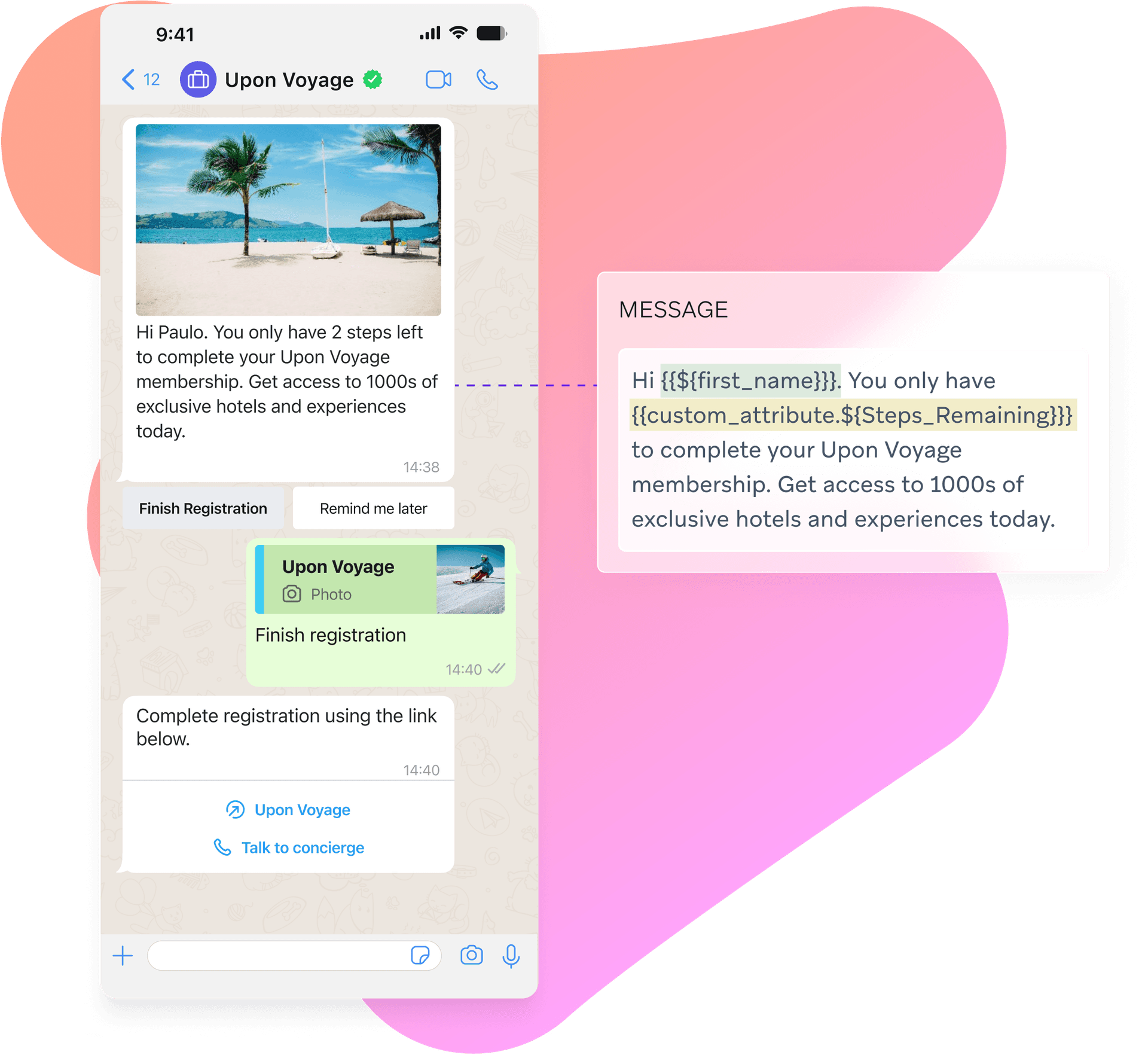 a phone screen shows a message from upon voyage