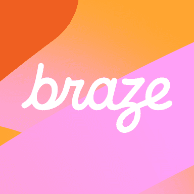 White "braze" logo in script font on an abstract background of pink, orange, and yellow shapes.