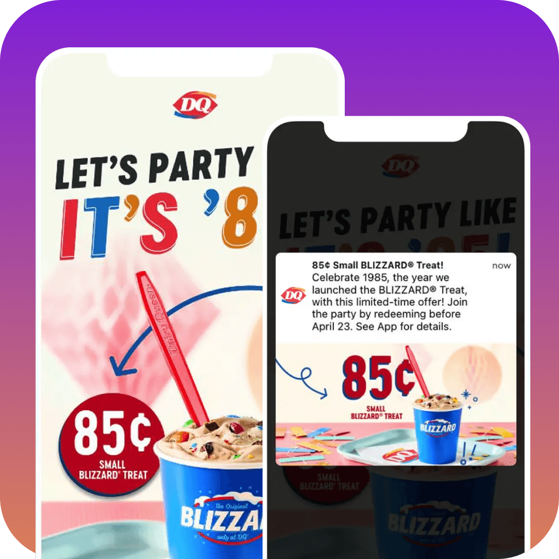an advertisement for dq says let 's party it 's 8
