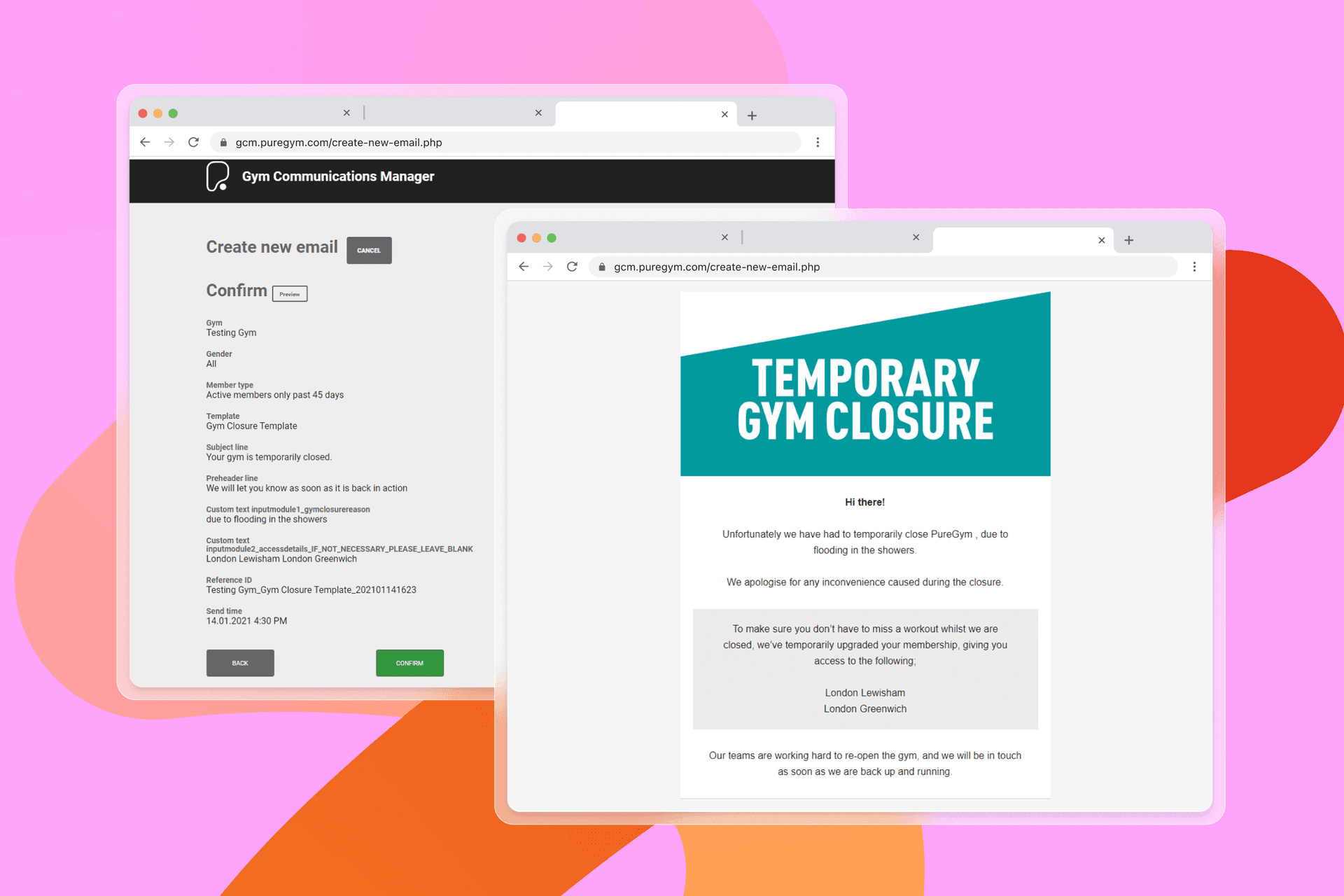 a temporary gym closure is displayed on a pink background