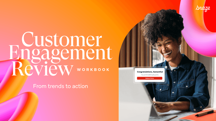 a woman sitting in front of a laptop with the words customer engagement review on the bottom