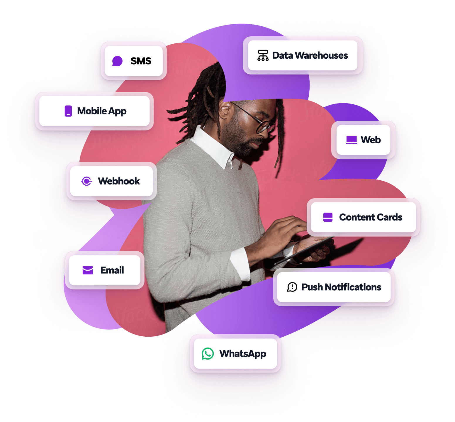 a man is using a tablet with icons for sms mobile app webhook email push notifications and content cards