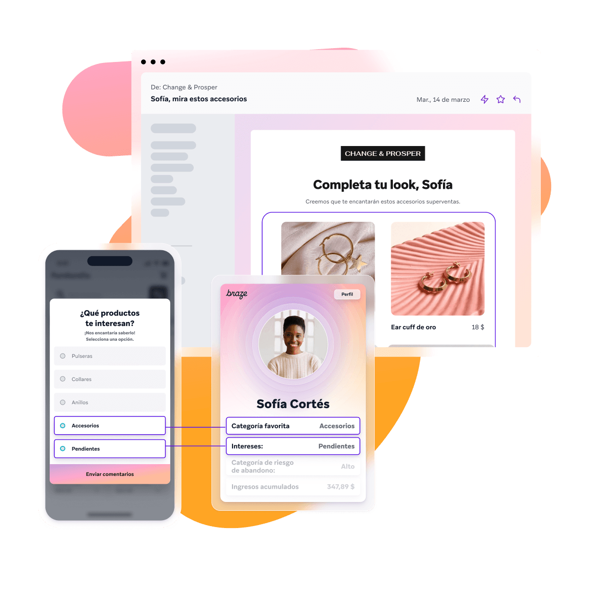 Mobile app, customer profile, and personalized email showing how user preferences for accessories drive tailored product recommendations.