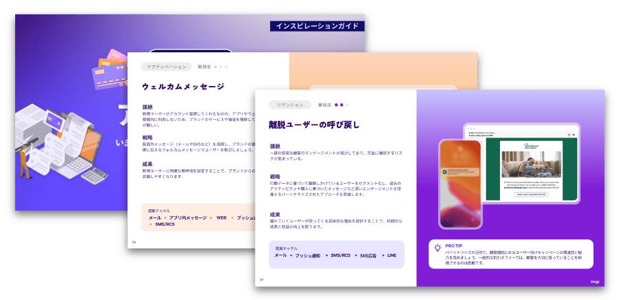 Overlapping digital pages displaying a Japanese 'Inspiration Guide' on user communication, featuring welcome messages, re-engagement strategies, and example app/web interfaces.