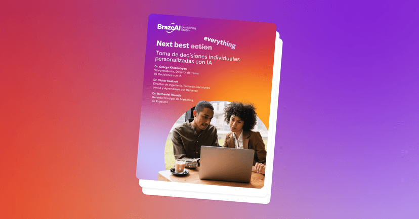 BrazeAI Marketing Studio document cover on personalized AI decision-making titled 'Next best action', showing two people looking at a laptop.