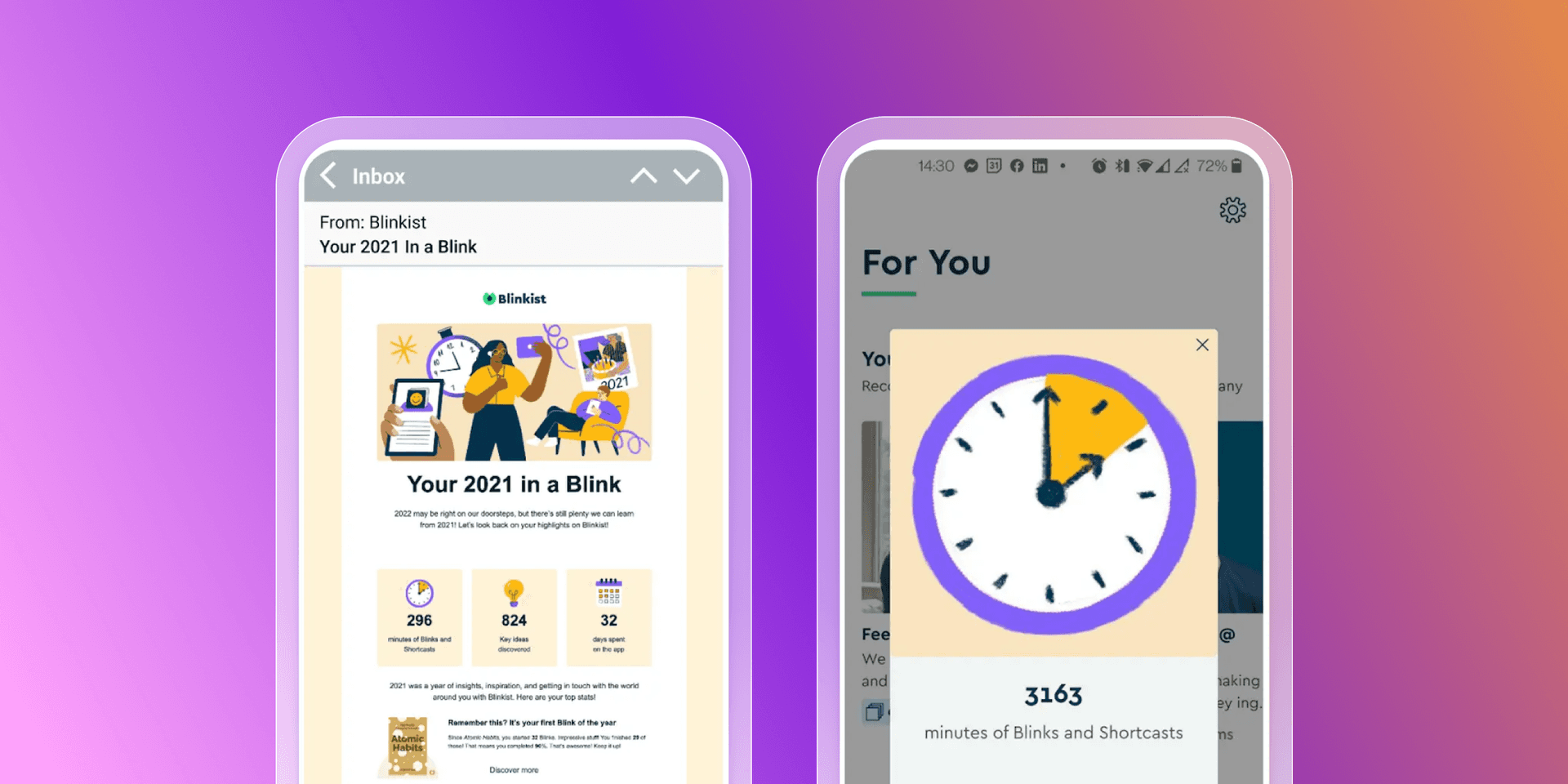 Two phones displaying Blinkist app year-end summaries with usage statistics.
